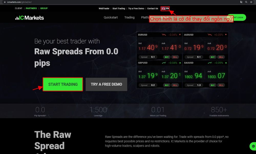 Chọn "Start Trading" để bắt đầu đăng ký sàn ICMarkets
