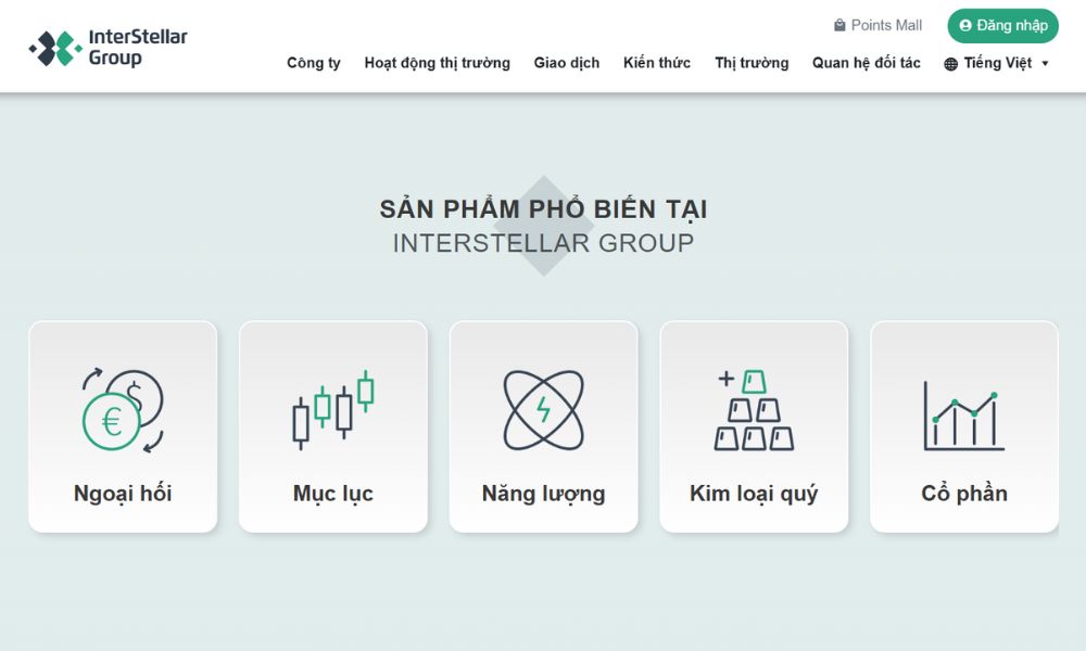 Danh mục sản phẩm giao dịch của sàn Interstellar Group