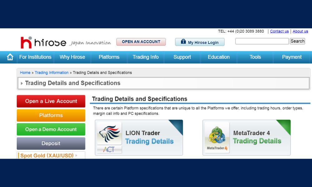 Hirose Financial cung cấp nền tảng MT4 và LION Trader