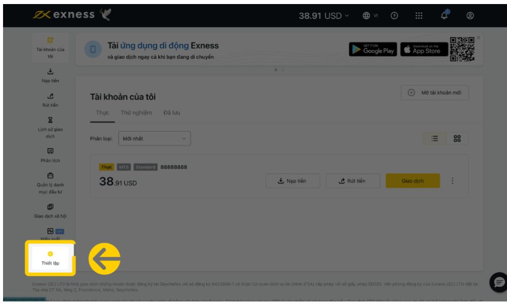 Truy cập Khu vực Cá nhân Exness chọn thiết lập