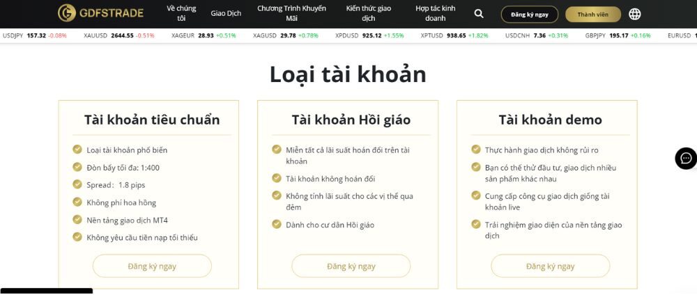 GDFS TRADE cung cấp nhiều loại tài khoản khác nhau