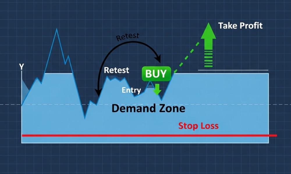 Chiến lược giao dịch Vùng Cầu: Chờ giá quay lại (retest), vào lệnh và đặt Stop Loss.