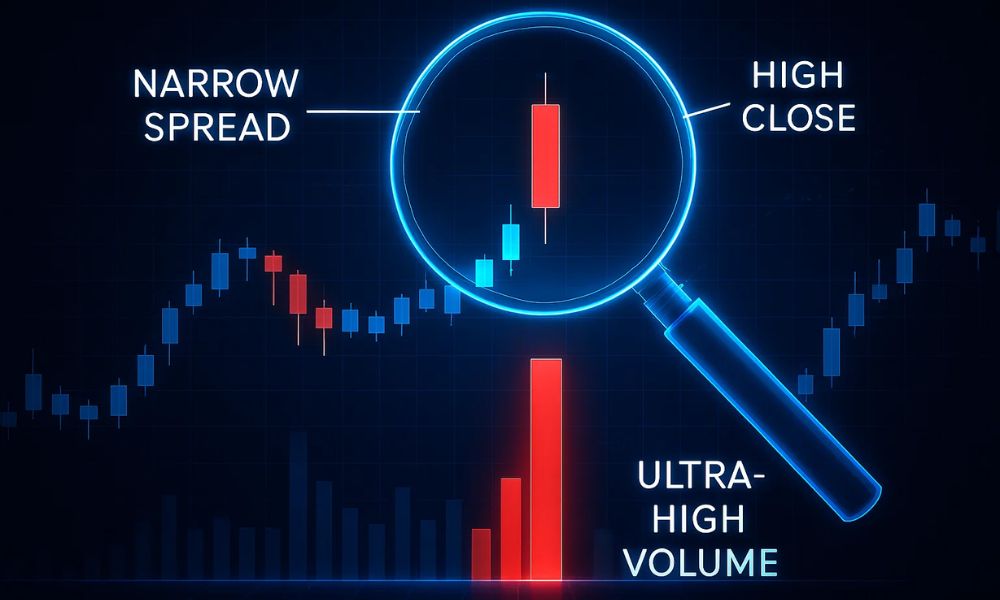 Đặc điểm Nhận dạng: Nến giảm thân hẹp, đóng cửa cao, khối lượng cực lớn