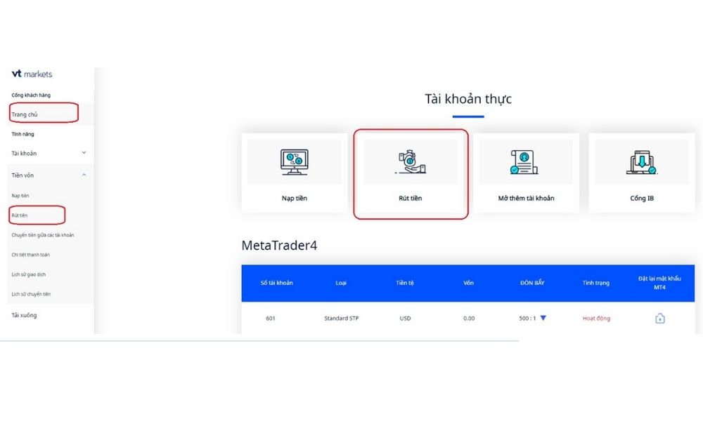 Hướng dẫn từng bước thực hiện rút tiền VT Markets