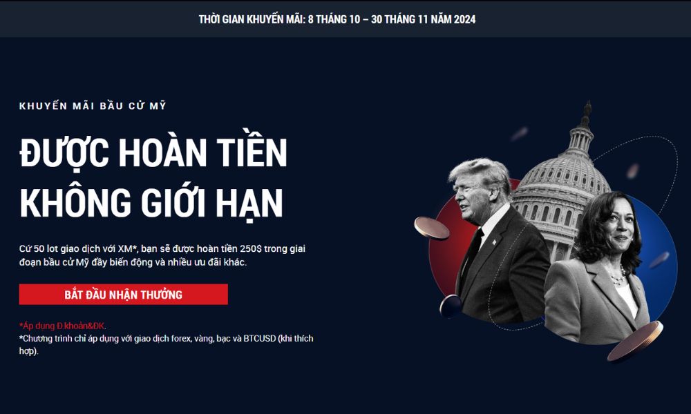 Khuyến mãi hoàn tiền không giới hạn: Bầu cử Mỹ 2024 từ XM 10 Thông tin khuyến mãi hoàn tiền từ XM: Bầu cử Mỹ 2024|Cách tham gia khuyến mãi hoàn tiền từ XM: Bầu cử Mỹ 2024
